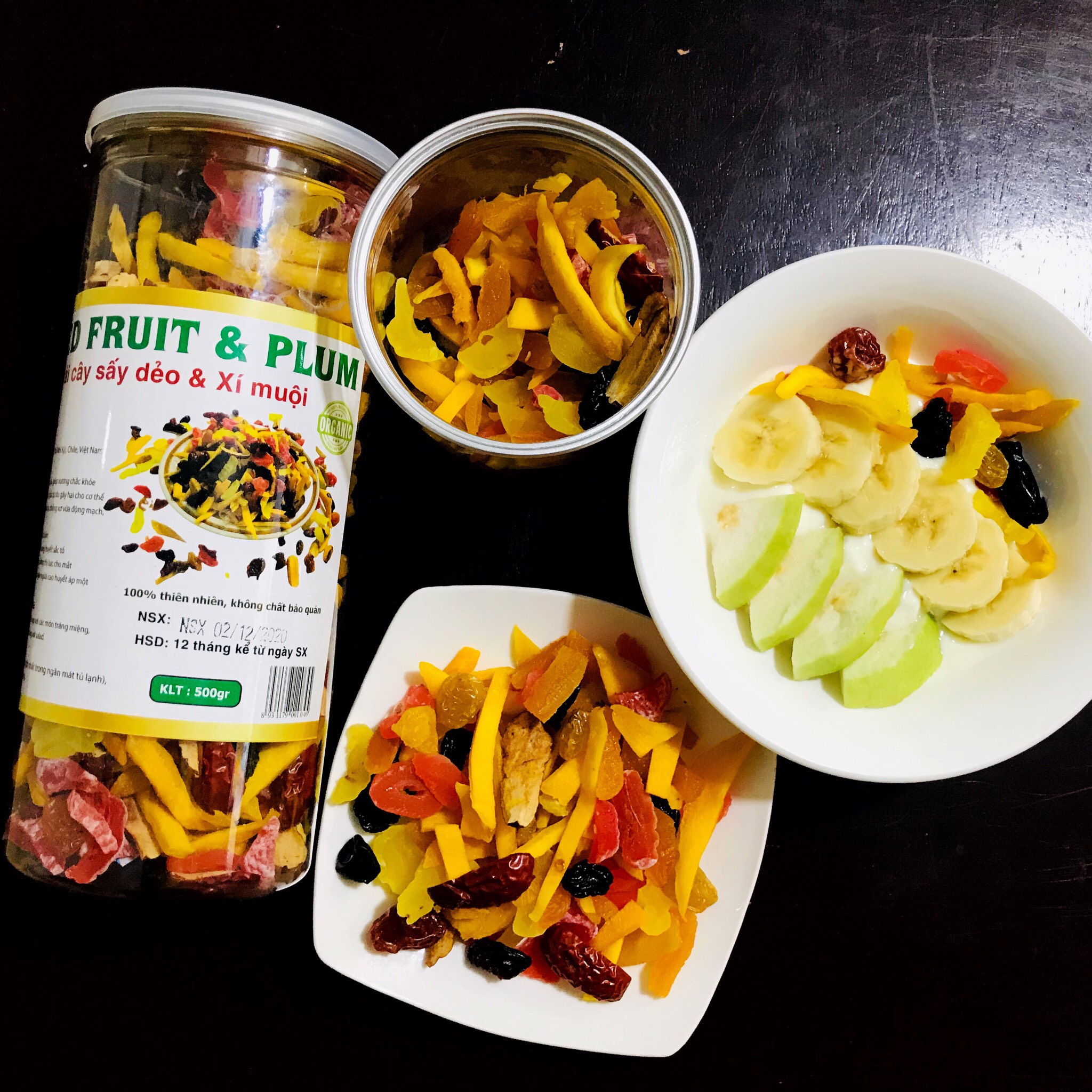 Trái cây sấy dẻo mix 5 loại trái cây tươi và xí muội sấy dẻo tự nhiên hộp 500g, ăn vặt dinh dưỡng cho bà bầu