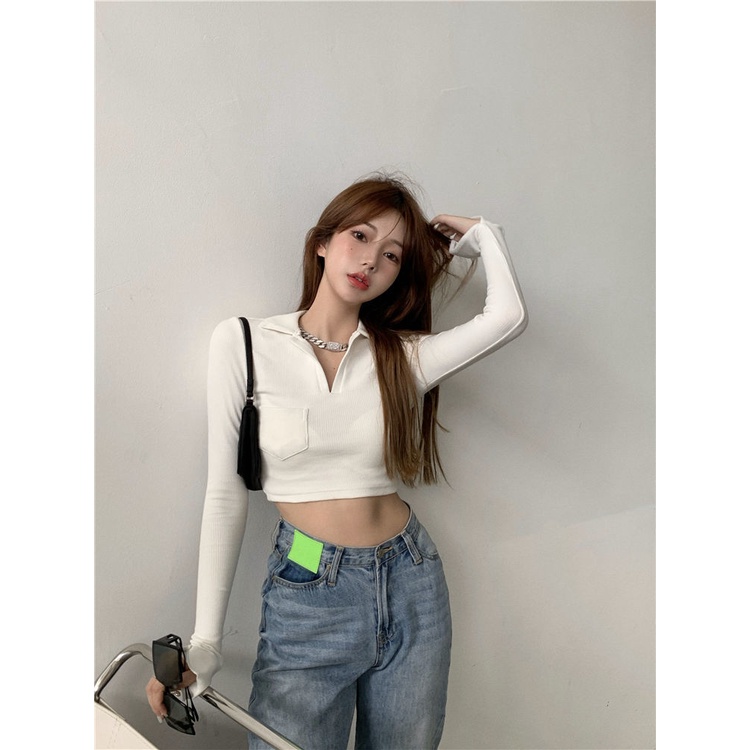 Áo Croptop Nữ Dài Tay Cổ Bẻ Túi Ngực Trơn 2 Màu